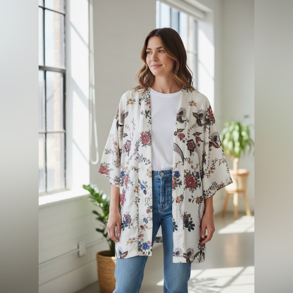 Zara Women's Floral Satin Kimono Robe - Cream and Multicolor